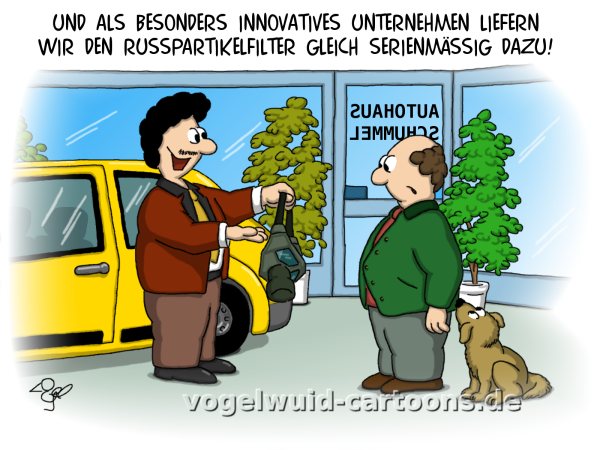 Cartoon Feinstaub - 'Und als besonders inovatives Unternehmen liefern wir den Rußpartikelfilter gleich serienmäßig dazu!'