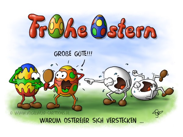 Osterkarte Ostereier - 'Warum Ostereier sich verstecken!' bunte Eier betrachten sich entsetzt im Spiegel wÃ¤hrend sich die unbemalten Eier schlapp lachen.