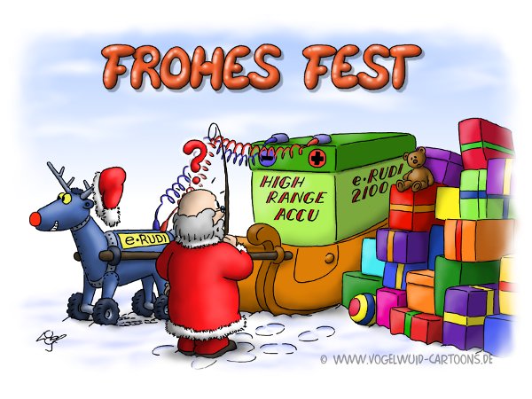 Weihnachtskarte E-Rudi - 'Hm - und wohin packe ich jetzt die Geschenke?!'